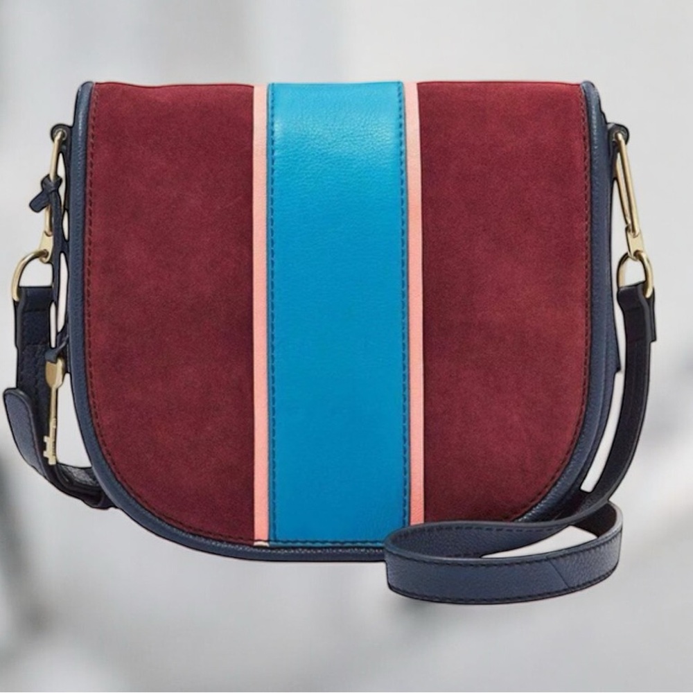 Fossil Rumi Blue Cabernet Striped Suede Leather Flap Crossbody Bag